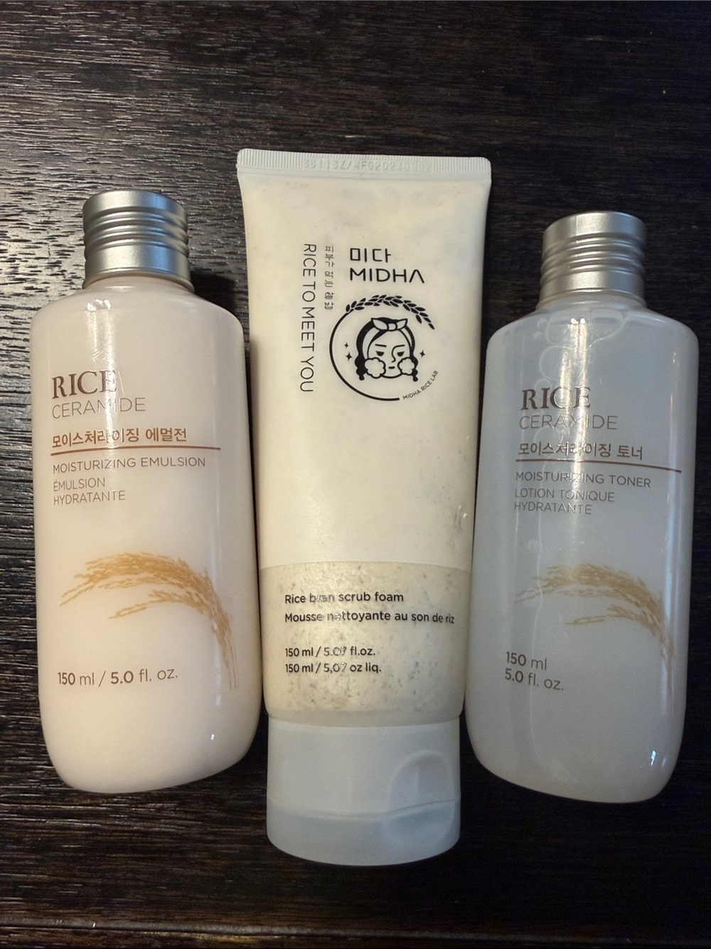 MIDHA k beauty lot rice ceramide toner, scrub, moisturizer lotion skincare set